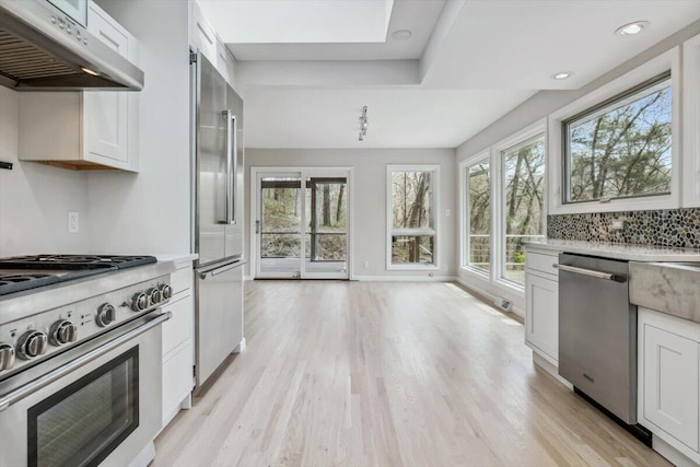 kitchen with premium appliances, under cabinet range hood, light wood finished floors, plenty of natural light, and recessed lighting