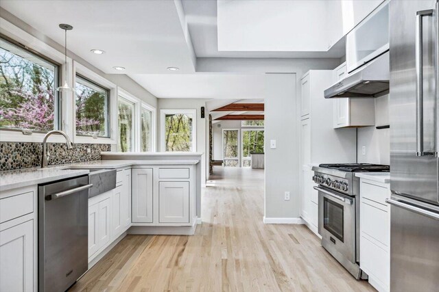 kitchen featuring premium appliances, under cabinet range hood, light wood-type flooring, light countertops, and recessed lighting