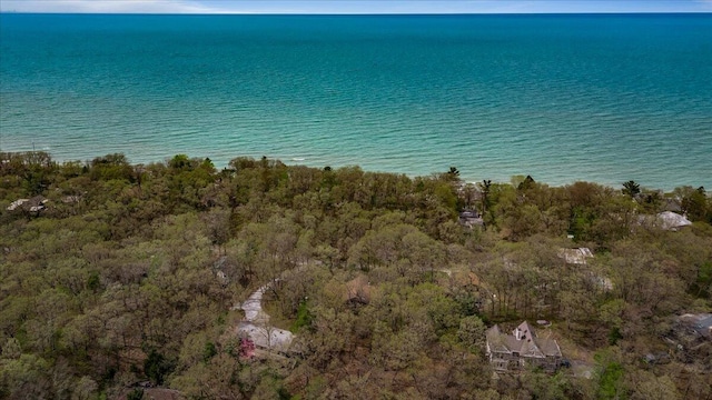 aerial overview of property's location featuring a nearby body of water and a heavily wooded area