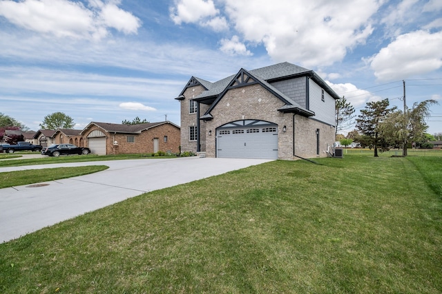18767 Millar Rd, Clinton Township, MI 48036 - view of front facade featuring concrete driveway, a front yard, brick siding, an attached garage, and cooling unit