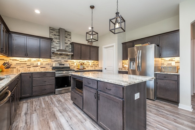 18767 Millar Rd, Clinton Township, MI 48036 - kitchen with stainless steel appliances, wall chimney exhaust hood, a center island, dark brown cabinetry, and backsplash