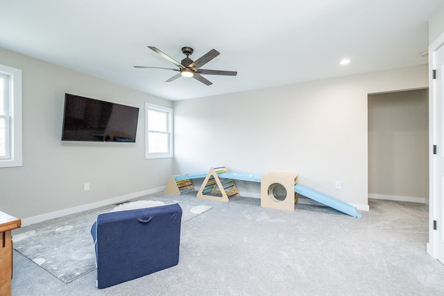 18767 Millar Rd, Clinton Township, MI 48036 - playroom featuring a ceiling fan, baseboards, carpet floors, and recessed lighting