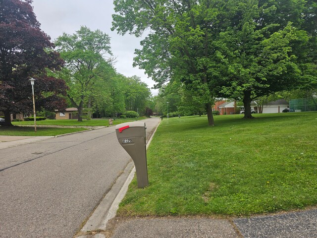 view of asphalt road with street lighting and curbs