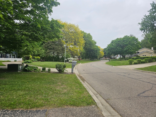 view of asphalt street with curbs and street lights