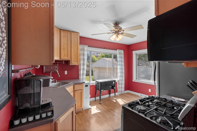 7416 Gerald Ave, Warren, MI 48092 - kitchen with gas range oven, freestanding refrigerator, ceiling fan, light wood finished floors, and light brown cabinetry