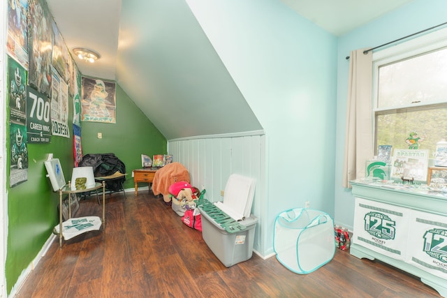 466 Wayland Ave, East Lansing, MI 48823 - rec room featuring wood finished floors, lofted ceiling, and baseboards