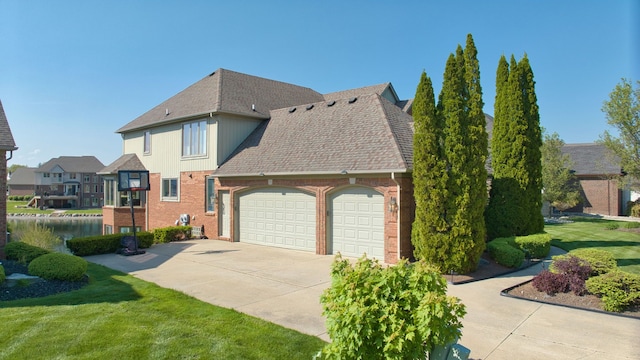 54545 Pelican Ln, Shelby Twp, MI 48315 - view of home's exterior with brick siding, an attached garage, driveway, a shingled roof, and a yard