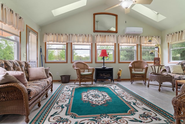 336 Jonesville Rd, Jonesville, MI 49250 - living area with a skylight, a wall mounted air conditioner, high vaulted ceiling, tile patterned floors, and a ceiling fan