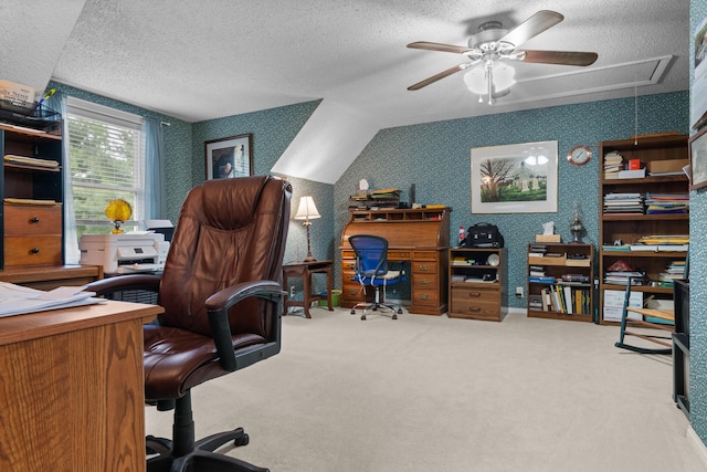 336 Jonesville Rd, Jonesville, MI 49250 - carpeted office featuring wallpapered walls, a textured ceiling, a ceiling fan, and attic access