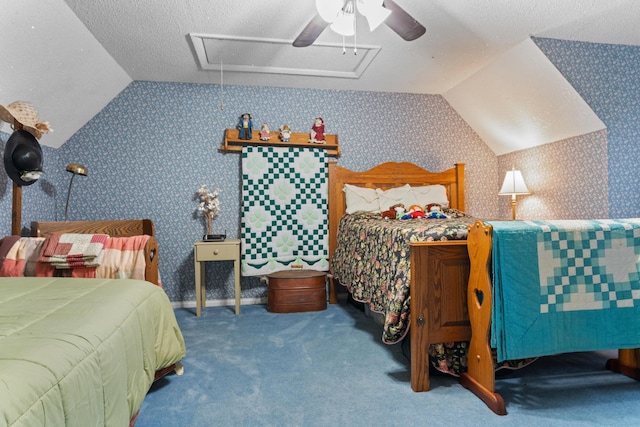 336 Jonesville Rd, Jonesville, MI 49250 - bedroom with lofted ceiling, attic access, carpet flooring, wallpapered walls, and ceiling fan