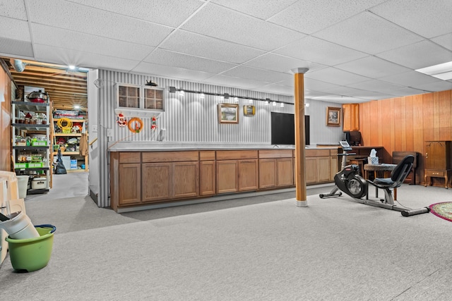 336 Jonesville Rd, Jonesville, MI 49250 - workout area with light carpet, a paneled ceiling, and wood walls