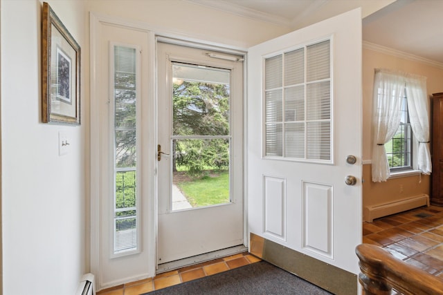11928 Shenandoah Unit 3, South Lyon, MI 48178 - doorway with a baseboard radiator, crown molding, and healthy amount of natural light