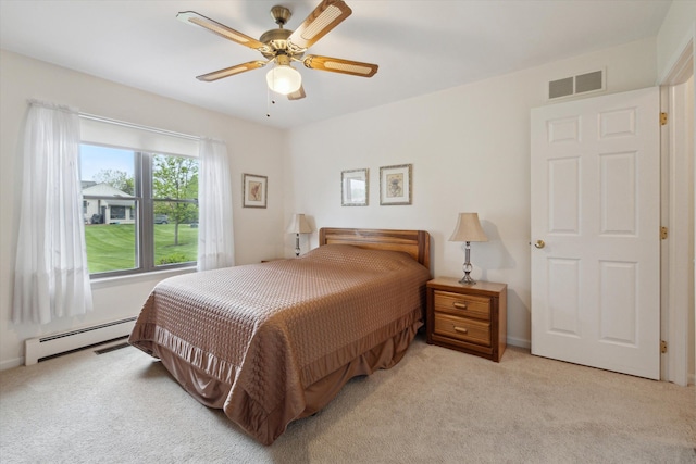 11928 Shenandoah Unit 3, South Lyon, MI 48178 - bedroom featuring baseboard heating, light carpet, and ceiling fan