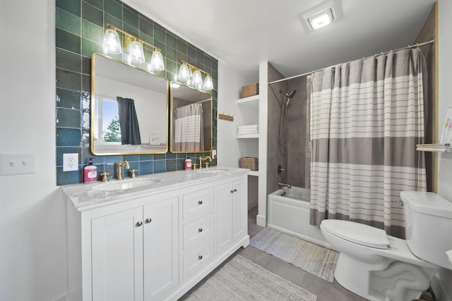 282 Evans Trl, Tipton, MI 49287 - full bathroom with toilet, shower / bath combo, double vanity, and tasteful backsplash