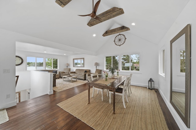 282 Evans Trl, Tipton, MI 49287 - dining area with dark wood-style floors, recessed lighting, high vaulted ceiling, a ceiling fan, and beam ceiling