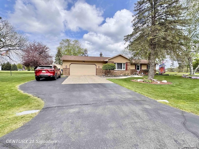 2880 Wurtzel Dr, Freeland, MI 48623 - ranch-style home with driveway, an attached garage, a front yard, a chimney, and brick siding