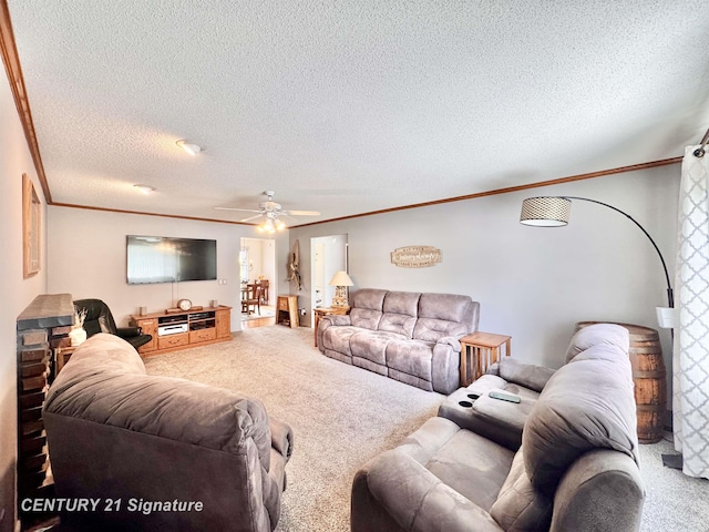 2880 Wurtzel Dr, Freeland, MI 48623 - living room featuring carpet floors, ornamental molding, ceiling fan, and a textured ceiling