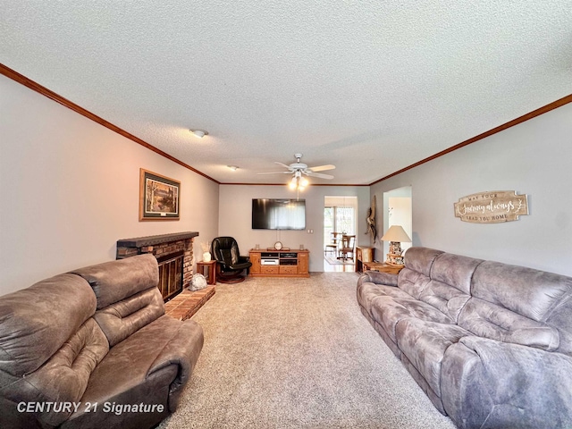 2880 Wurtzel Dr, Freeland, MI 48623 - living room featuring crown molding, carpet flooring, a textured ceiling, ceiling fan, and a brick fireplace
