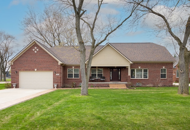 3105 Talbot, Troy, MI 48083 - view of front of property with covered porch, brick siding, a garage, a front yard, and concrete driveway