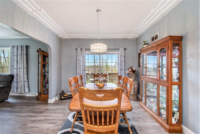 19378 Hackett Lake Highway, Onaway, MI 49765 - dining room with arched walkways, light wood-style flooring, healthy amount of natural light, and baseboards