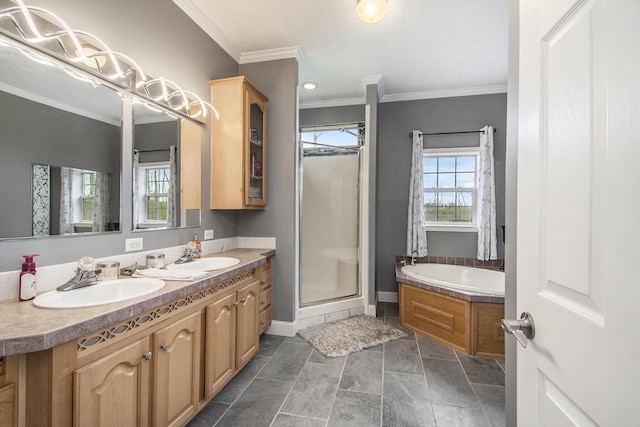 19378 Hackett Lake Highway, Onaway, MI 49765 - bathroom with crown molding, a shower stall, a bath, double vanity, and baseboards