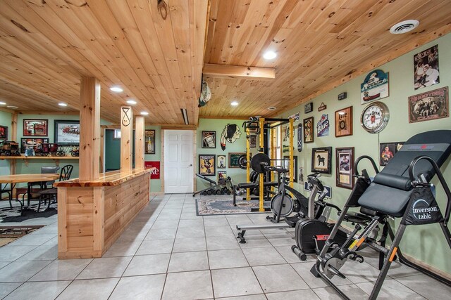 19378 Hackett Lake Highway, Onaway, MI 49765 - workout area with wood ceiling, recessed lighting, and light tile patterned floors
