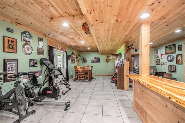 19378 Hackett Lake Highway, Onaway, MI 49765 - workout area with recessed lighting, wooden ceiling, and light tile patterned floors
