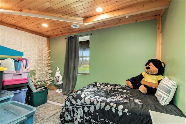 19378 Hackett Lake Highway, Onaway, MI 49765 - bedroom featuring carpet flooring, wood ceiling, and recessed lighting