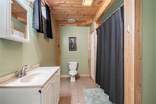 19378 Hackett Lake Highway, Onaway, MI 49765 - full bathroom featuring wood ceiling, tile patterned floors, toilet, vanity, and baseboards