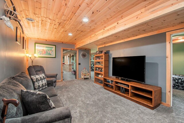19378 Hackett Lake Highway, Onaway, MI 49765 - living room with carpet flooring, wood ceiling, and recessed lighting