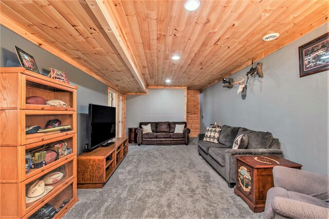 19378 Hackett Lake Highway, Onaway, MI 49765 - carpeted living room with recessed lighting and wooden ceiling