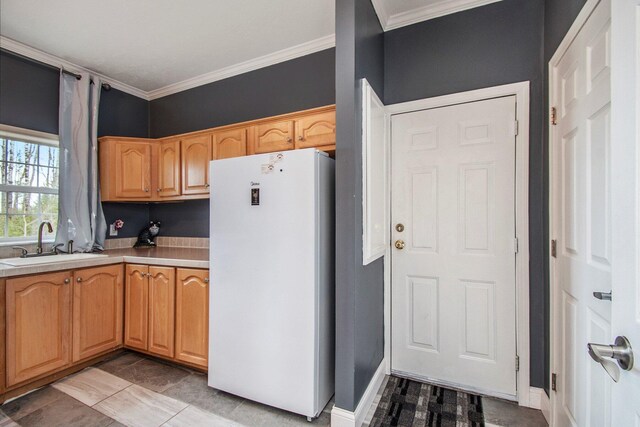 19378 Hackett Lake Highway, Onaway, MI 49765 - kitchen with freestanding refrigerator, a sink, light countertops, and crown molding