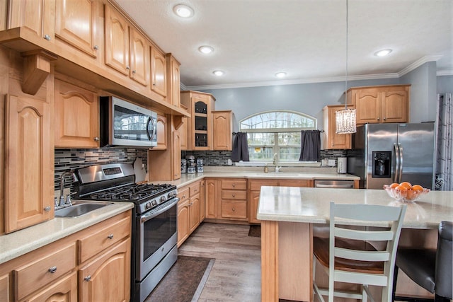 19378 Hackett Lake Highway, Onaway, MI 49765 - kitchen featuring appliances with stainless steel finishes, a sink, a breakfast bar, ornamental molding, and backsplash