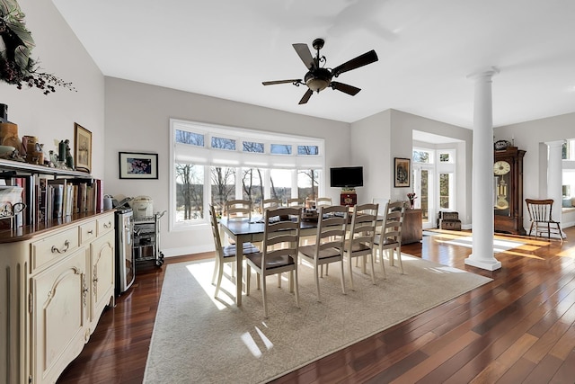 5001 Forest Vly, Clarkston, MI 48348 - dining area with decorative columns, dark wood-style floors, and ceiling fan