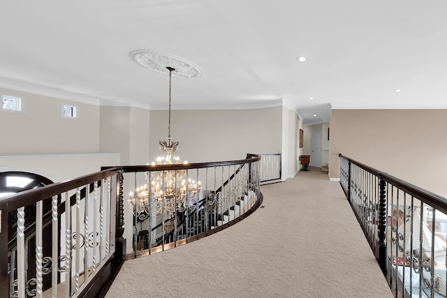 5001 Forest Vly, Clarkston, MI 48348 - hallway with an upstairs landing, a chandelier, carpet flooring, ornamental molding, and baseboards