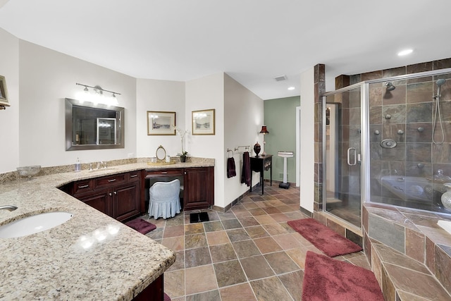 5001 Forest Vly, Clarkston, MI 48348 - full bath featuring a stall shower, vanity, stone finish flooring, and recessed lighting