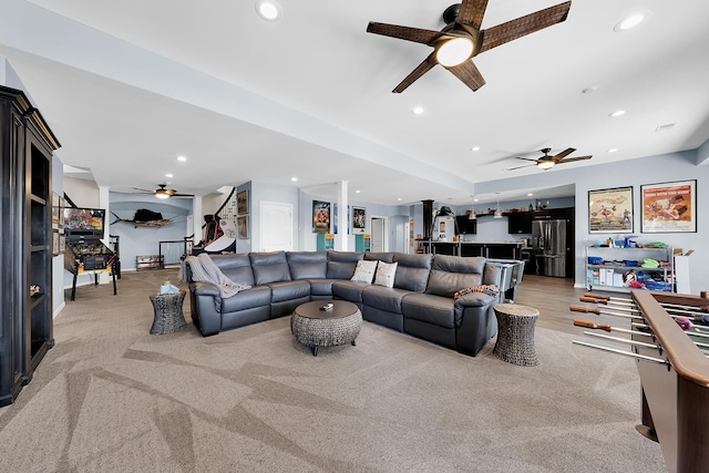 5001 Forest Vly, Clarkston, MI 48348 - living room with a ceiling fan, light colored carpet, and recessed lighting
