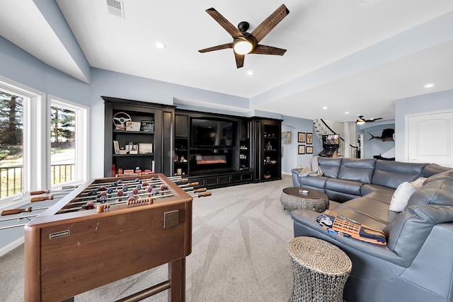 5001 Forest Vly, Clarkston, MI 48348 - living area with light carpet, ceiling fan, stairs, baseboards, and recessed lighting
