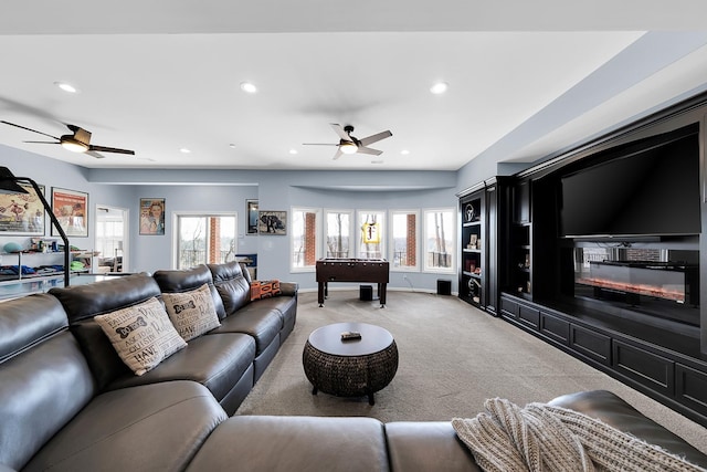 5001 Forest Vly, Clarkston, MI 48348 - living room with ceiling fan, light carpet, recessed lighting, and baseboards