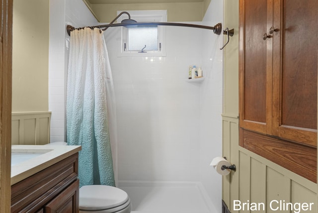 117 Palmer St NE, Grand Rapids, MI 49505 - full bathroom featuring a shower stall, toilet, a wainscoted wall, vanity, and a decorative wall