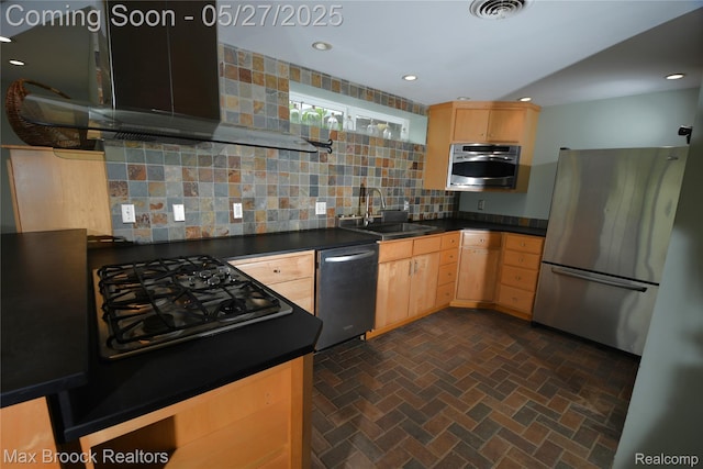 58282 Savage Rd, Vandalia, MI 49095 - kitchen featuring a sink, stainless steel appliances, light brown cabinetry, dark countertops, and ventilation hood