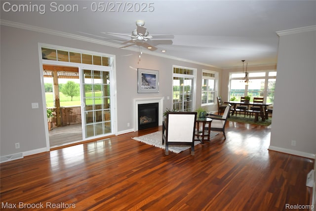 58282 Savage Rd, Vandalia, MI 49095 - living area with crown molding, a glass covered fireplace, baseboards, and ceiling fan