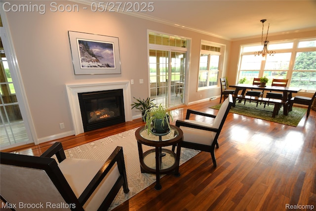 58282 Savage Rd, Vandalia, MI 49095 - living room with wood finished floors, crown molding, a glass covered fireplace, baseboards, and a chandelier