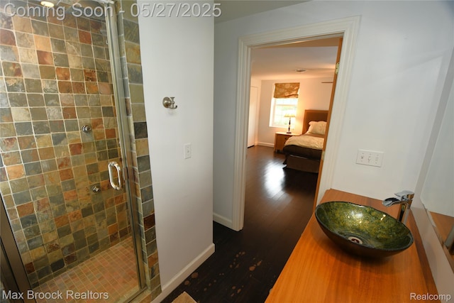 58282 Savage Rd, Vandalia, MI 49095 - ensuite bathroom with a shower stall, a sink, baseboards, and wood finished floors