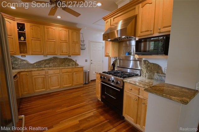 58282 Savage Rd, Vandalia, MI 49095 - kitchen with black microwave, ventilation hood, gas range, a ceiling fan, and dark wood-style floors