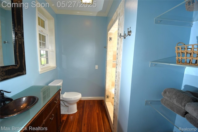 58282 Savage Rd, Vandalia, MI 49095 - bathroom featuring toilet, wood finished floors, vanity, baseboards, and a shower