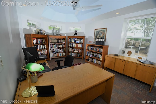 58282 Savage Rd, Vandalia, MI 49095 - office featuring ceiling fan, brick patterned flooring, a tray ceiling, and recessed lighting