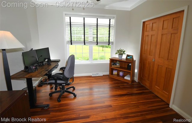 58282 Savage Rd, Vandalia, MI 49095 - office with ornamental molding, wood finished floors, and baseboards