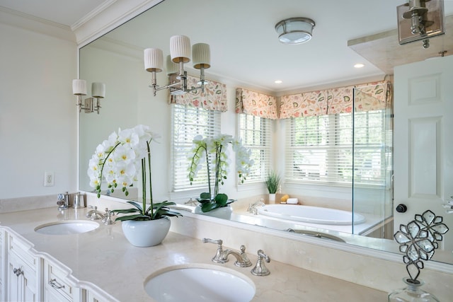 316 Chesterfield Ave, Birmingham, MI 48009 - bathroom featuring ornamental molding, a bath, double vanity, and a shower with shower door