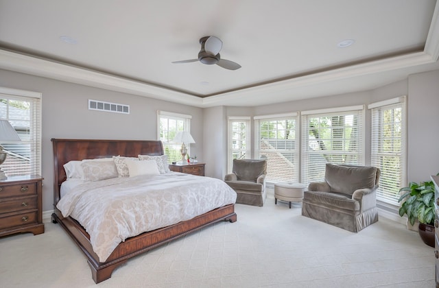316 Chesterfield Ave, Birmingham, MI 48009 - bedroom with a raised ceiling, light carpet, and a ceiling fan